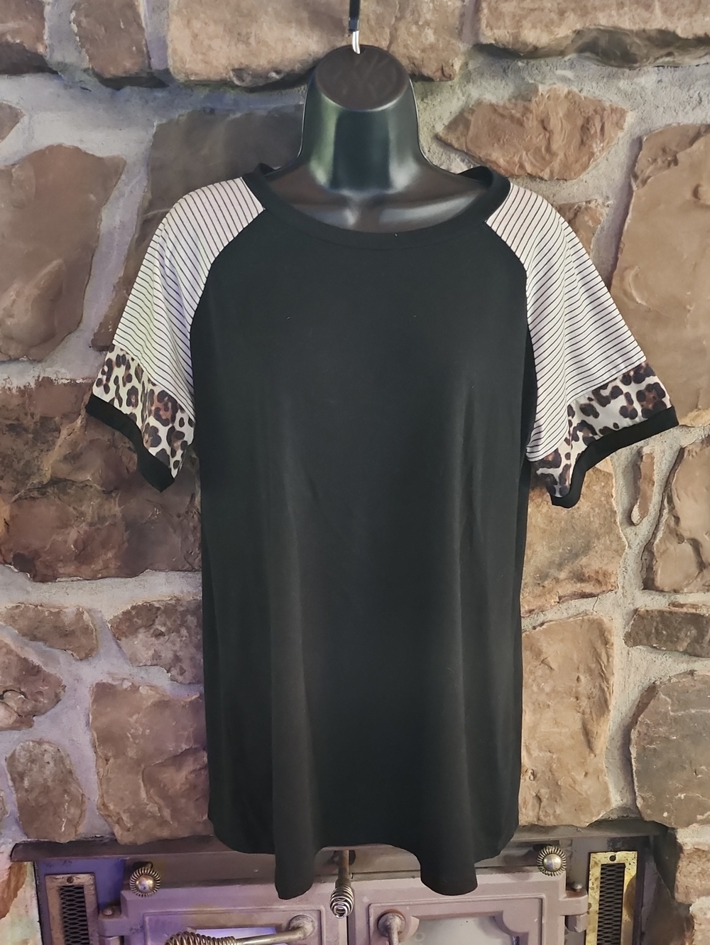 Black Short Sleeve Raglan Tee with Striped and Leopard Sleeve Accents